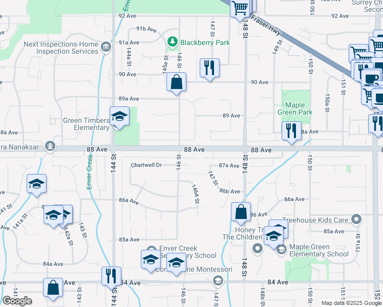 map of restaurants, bars, coffee shops, grocery stores, and more near 14648 88 Avenue in Surrey