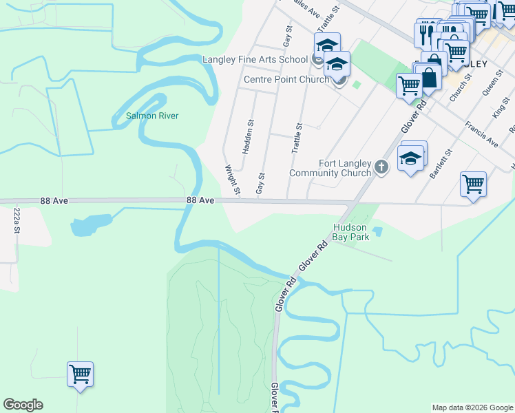 map of restaurants, bars, coffee shops, grocery stores, and more near 22838 88 Avenue in Langley City