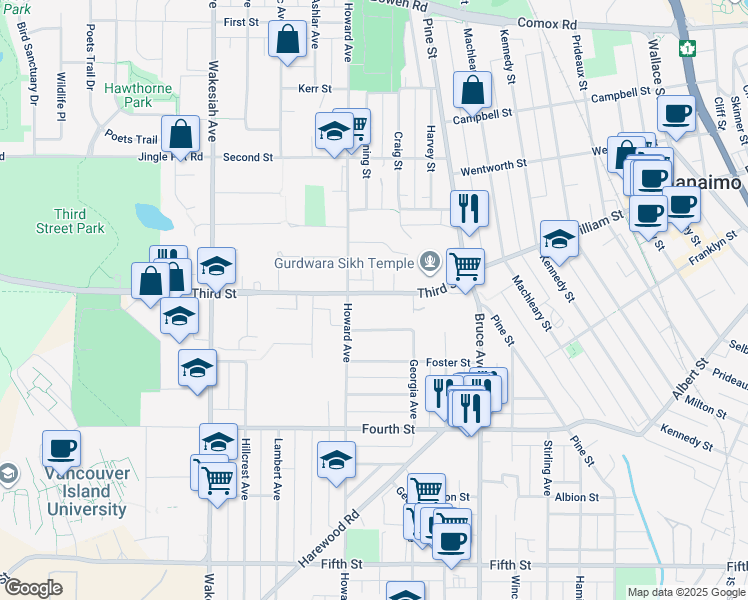 map of restaurants, bars, coffee shops, grocery stores, and more near 471 Third Street in Nanaimo