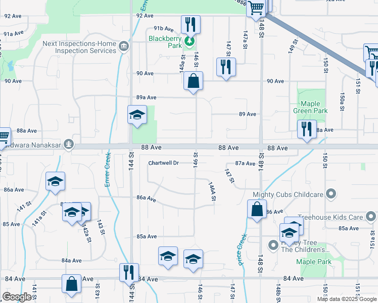 map of restaurants, bars, coffee shops, grocery stores, and more near 14580 88 Avenue in Surrey