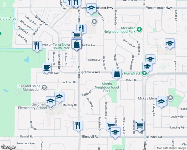 map of restaurants, bars, coffee shops, grocery stores, and more near 4160 Granville Avenue in Richmond