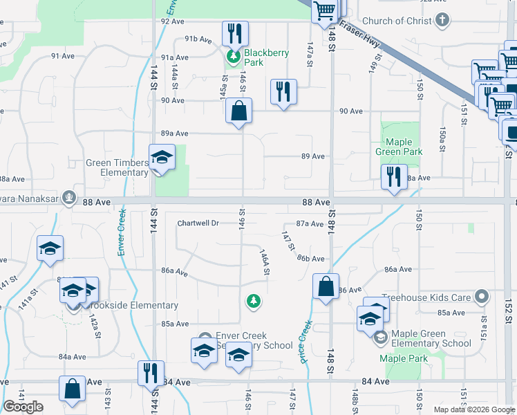 map of restaurants, bars, coffee shops, grocery stores, and more near 14648 88 Avenue in Surrey
