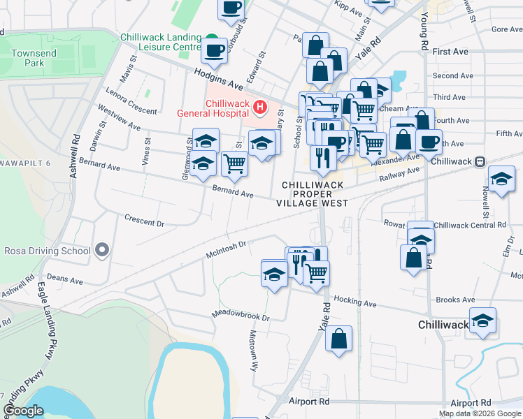 map of restaurants, bars, coffee shops, grocery stores, and more near 45608 Bernard Avenue in Chilliwack
