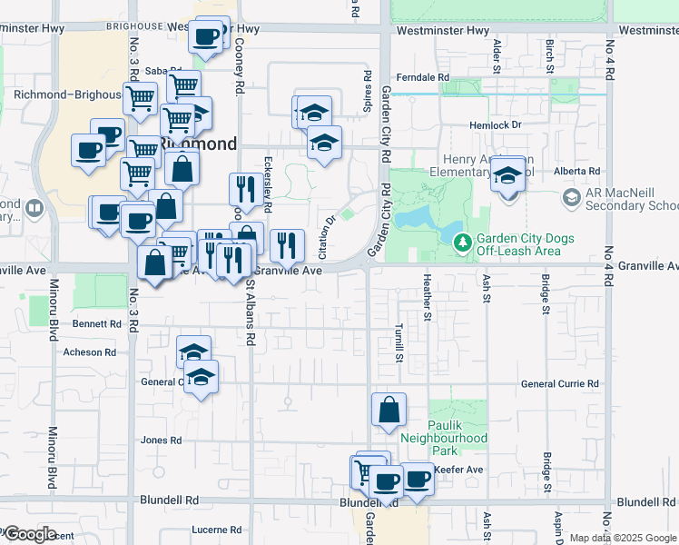 map of restaurants, bars, coffee shops, grocery stores, and more near 8700 Granville Avenue in Richmond