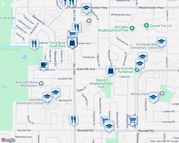 map of restaurants, bars, coffee shops, grocery stores, and more near 4180 Granville Avenue in Richmond