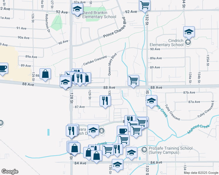 map of restaurants, bars, coffee shops, grocery stores, and more near 16870 130 Street in Surrey