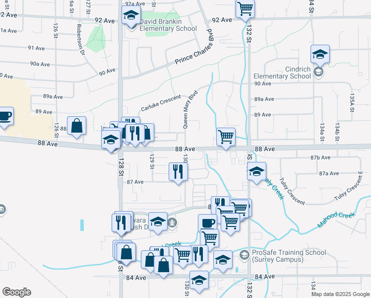 map of restaurants, bars, coffee shops, grocery stores, and more near 13030 130 Street in Surrey