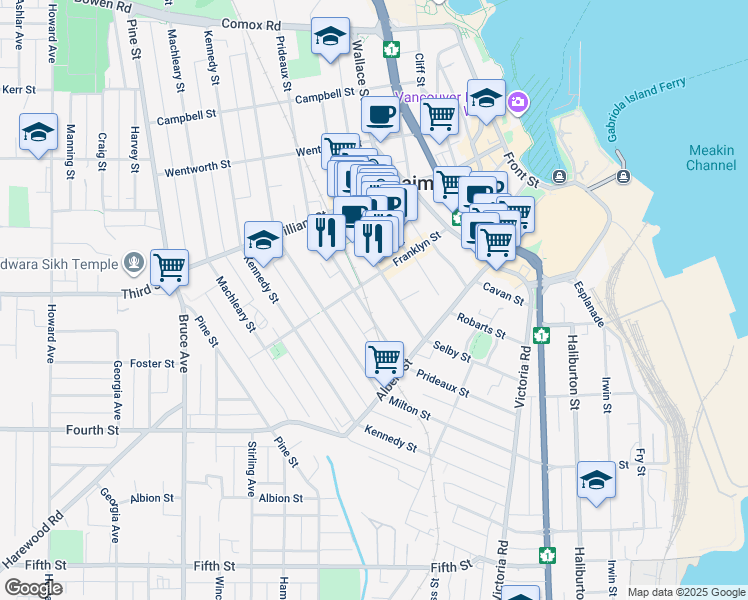 map of restaurants, bars, coffee shops, grocery stores, and more near 411 Prideaux Street in Nanaimo