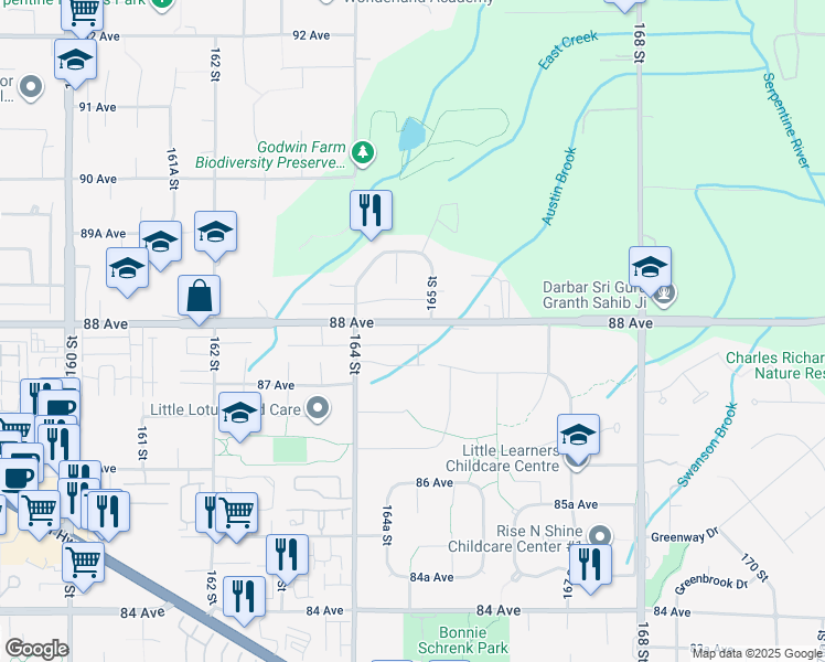 map of restaurants, bars, coffee shops, grocery stores, and more near 16482 88 Avenue in Surrey