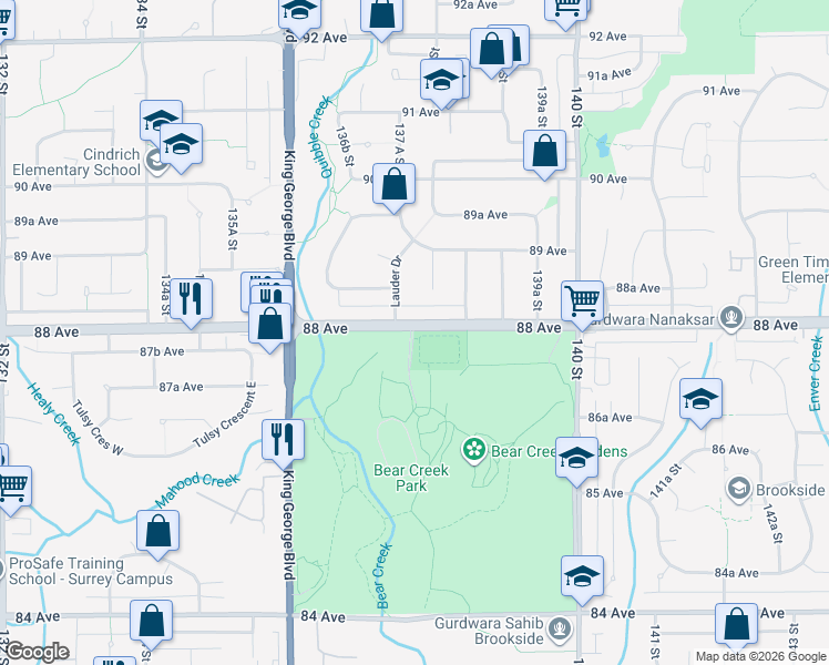 map of restaurants, bars, coffee shops, grocery stores, and more near 13750 88 Avenue in Surrey