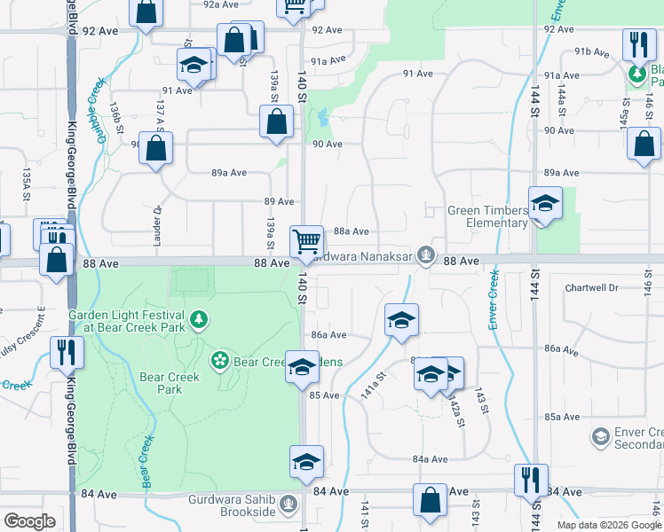 map of restaurants, bars, coffee shops, grocery stores, and more near 14054 88 Avenue in Surrey