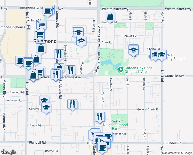 map of restaurants, bars, coffee shops, grocery stores, and more near 9000 Granville Avenue in Richmond