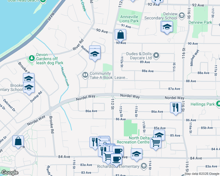map of restaurants, bars, coffee shops, grocery stores, and more near 8769 112 Street in Delta