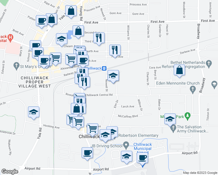 map of restaurants, bars, coffee shops, grocery stores, and more near 8850 Nowell Street in Chilliwack