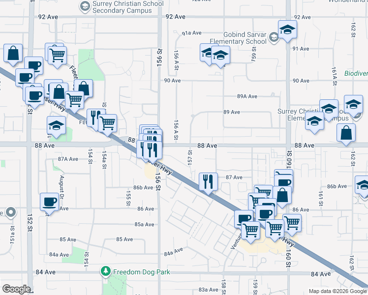 map of restaurants, bars, coffee shops, grocery stores, and more near in Surrey