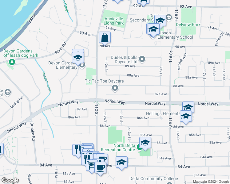 map of restaurants, bars, coffee shops, grocery stores, and more near 11277 87A Avenue in Delta