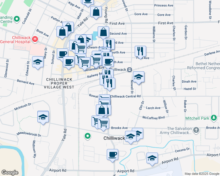 map of restaurants, bars, coffee shops, grocery stores, and more near 8850 Young Road in Chilliwack