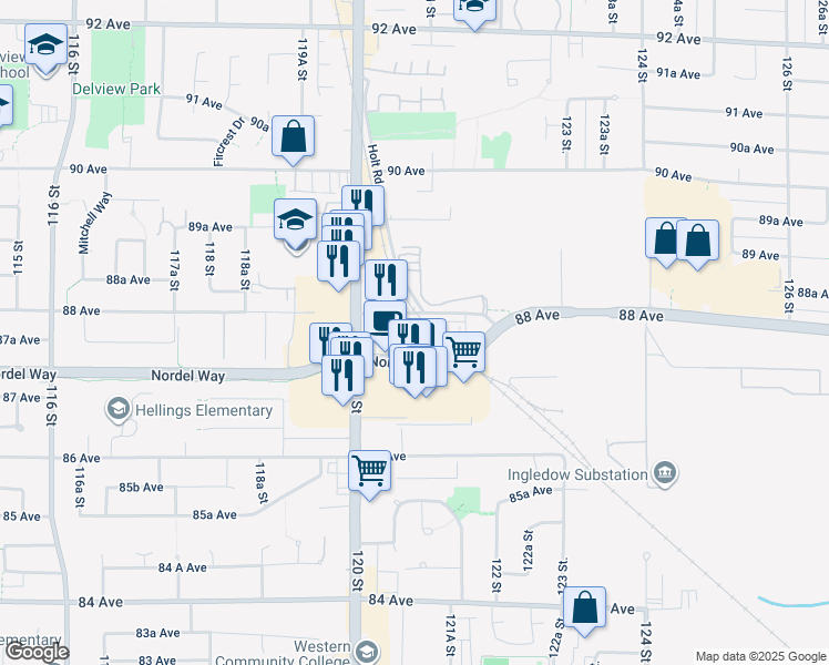 map of restaurants, bars, coffee shops, grocery stores, and more near 12088 88 Avenue in Surrey