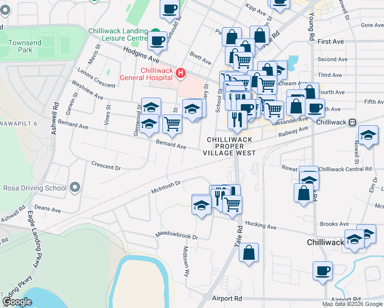 map of restaurants, bars, coffee shops, grocery stores, and more near 45608 Bernard Avenue in Chilliwack