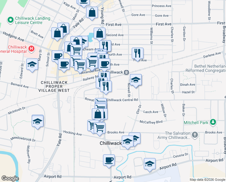 map of restaurants, bars, coffee shops, grocery stores, and more near 46054 Robertson Avenue in Chilliwack