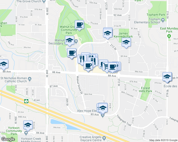 map of restaurants, bars, coffee shops, grocery stores, and more near 20999 88 Avenue in Langley Township