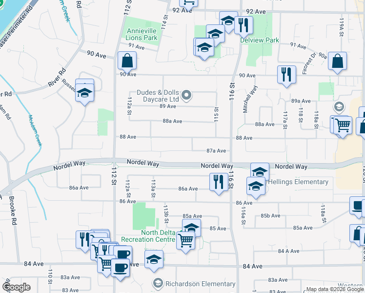 map of restaurants, bars, coffee shops, grocery stores, and more near 11417 87A Avenue in Delta