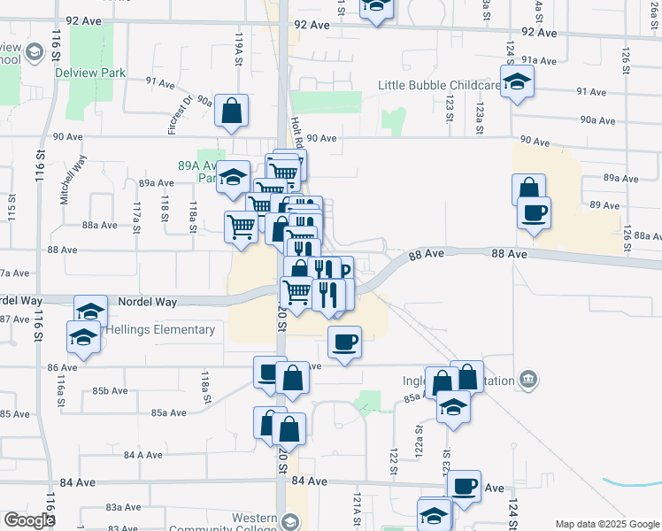 map of restaurants, bars, coffee shops, grocery stores, and more near 12088 88 Avenue in Surrey