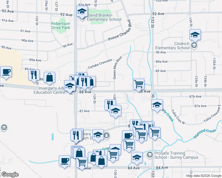 map of restaurants, bars, coffee shops, grocery stores, and more near 12985 88 Avenue in Surrey