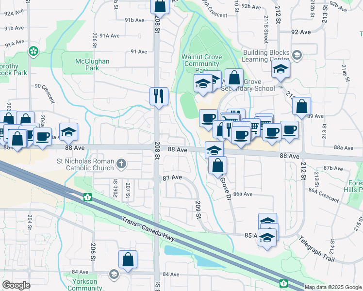 map of restaurants, bars, coffee shops, grocery stores, and more near 20875 88 Avenue in Langley Township