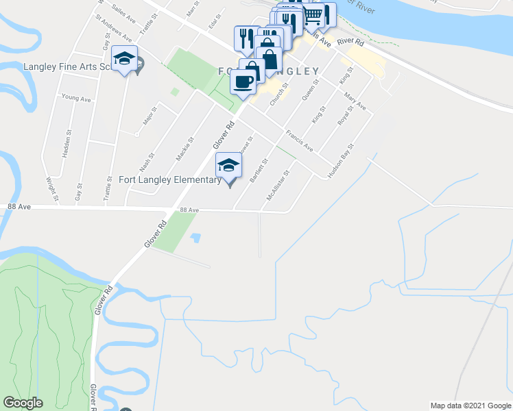 map of restaurants, bars, coffee shops, grocery stores, and more near 23201 88 Avenue in Langley