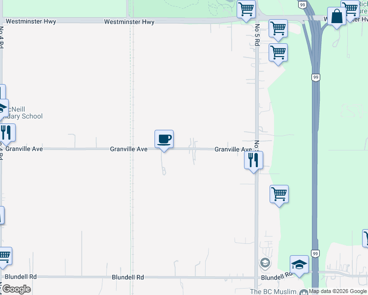 map of restaurants, bars, coffee shops, grocery stores, and more near Granville Avenue in Richmond