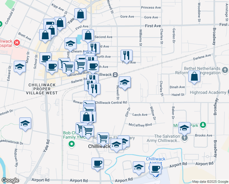 map of restaurants, bars, coffee shops, grocery stores, and more near 8881 Nowell Street in Chilliwack