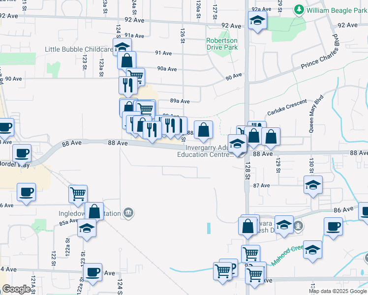 map of restaurants, bars, coffee shops, grocery stores, and more near 88 Ave & 126 St in Surrey