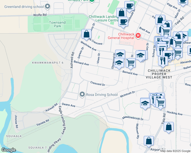 map of restaurants, bars, coffee shops, grocery stores, and more near 45361 Crescent Drive in Chilliwack