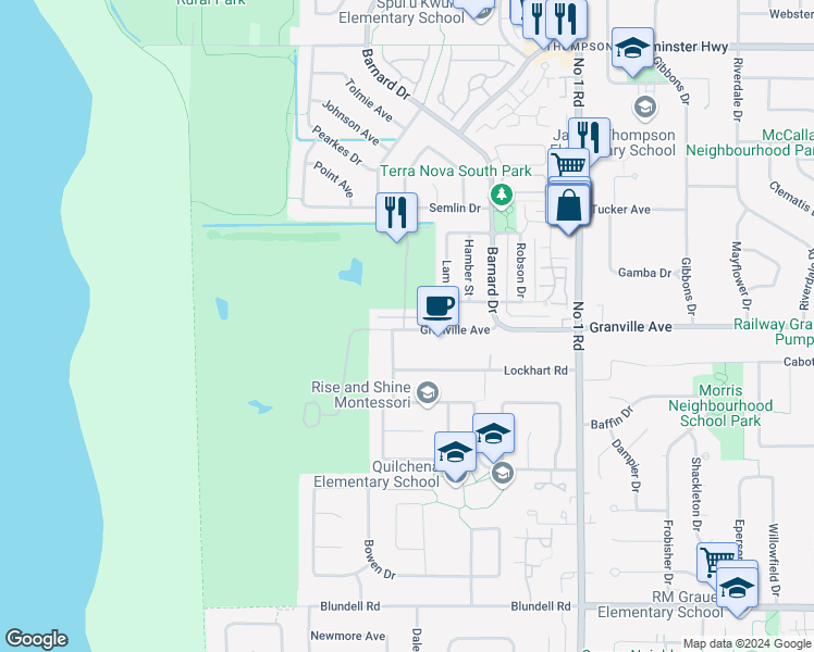 map of restaurants, bars, coffee shops, grocery stores, and more near 3591 Granville Avenue in Richmond