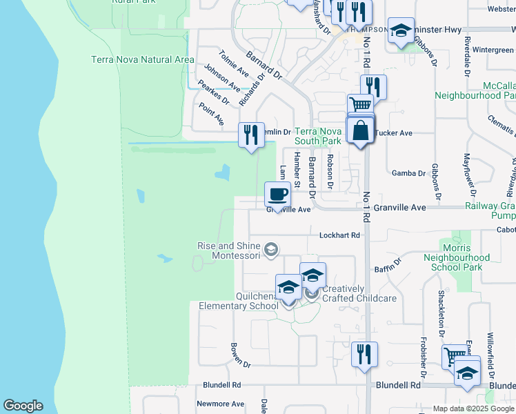 map of restaurants, bars, coffee shops, grocery stores, and more near 3591 Granville Avenue in Richmond