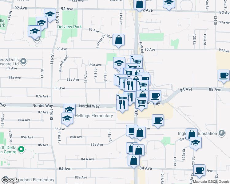 map of restaurants, bars, coffee shops, grocery stores, and more near 11884 88 Avenue in Delta