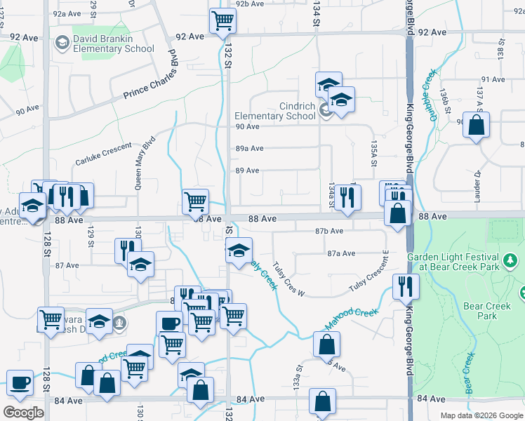 map of restaurants, bars, coffee shops, grocery stores, and more near 13273 88 Avenue in Surrey