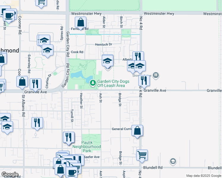 map of restaurants, bars, coffee shops, grocery stores, and more near 9533 Granville Avenue in Richmond