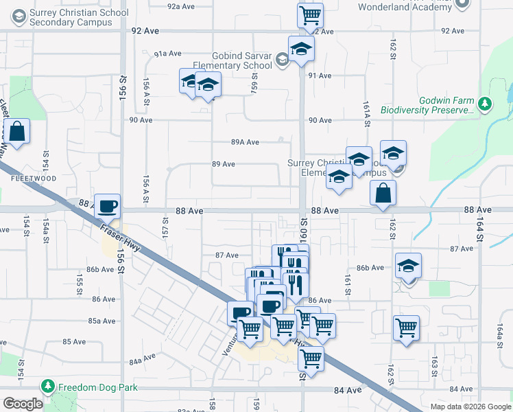 map of restaurants, bars, coffee shops, grocery stores, and more near 15911 88 Avenue in Surrey