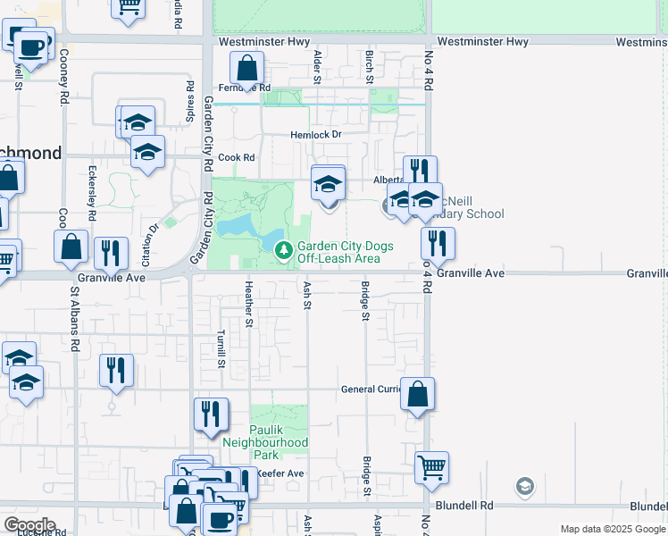 map of restaurants, bars, coffee shops, grocery stores, and more near 9511 Granville Avenue in Richmond