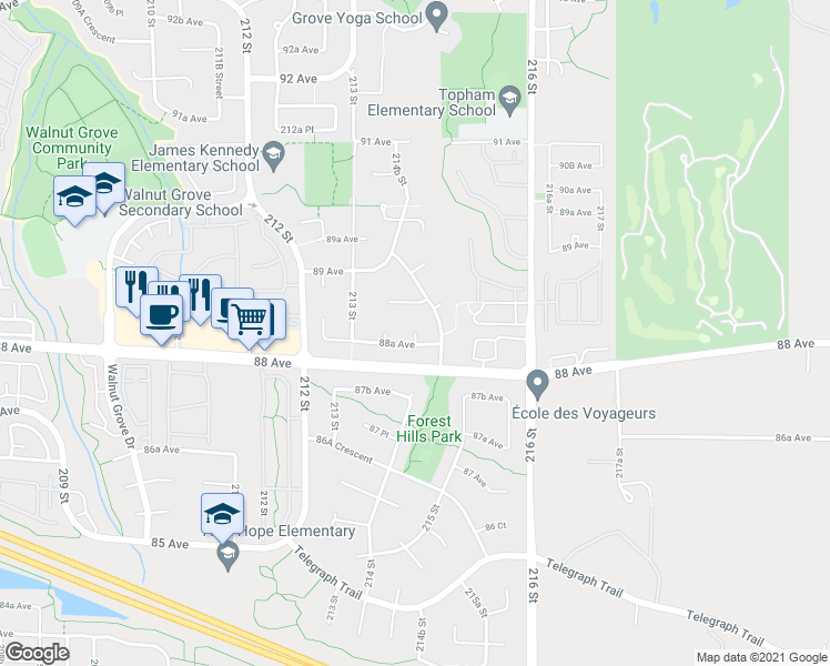 map of restaurants, bars, coffee shops, grocery stores, and more near 8853 214 Place in Langley