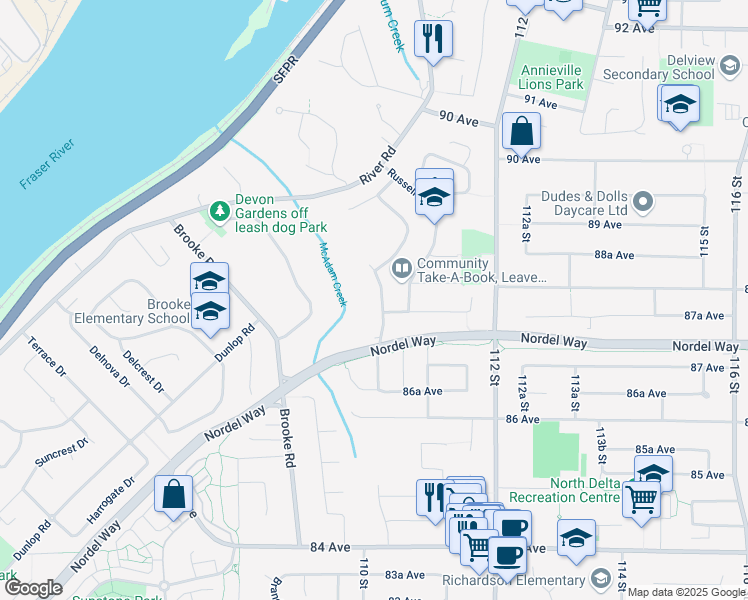 map of restaurants, bars, coffee shops, grocery stores, and more near 8781 Shepherd Way in Delta