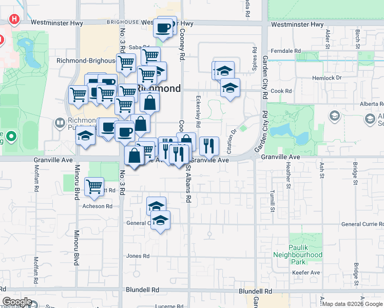 map of restaurants, bars, coffee shops, grocery stores, and more near 9800 Granville Avenue in Richmond
