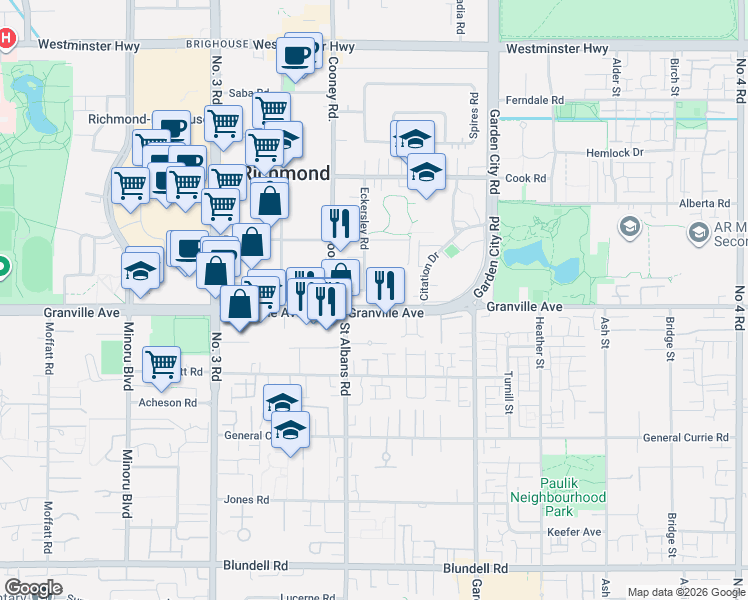 map of restaurants, bars, coffee shops, grocery stores, and more near 8500 Anderson Road in Richmond