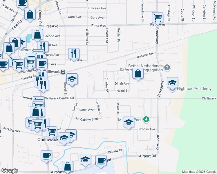 map of restaurants, bars, coffee shops, grocery stores, and more near 8852 Charles Street in Chilliwack