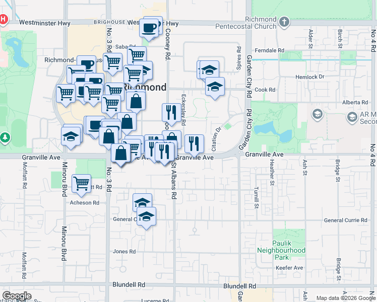 map of restaurants, bars, coffee shops, grocery stores, and more near 8500 Anderson Road in Richmond