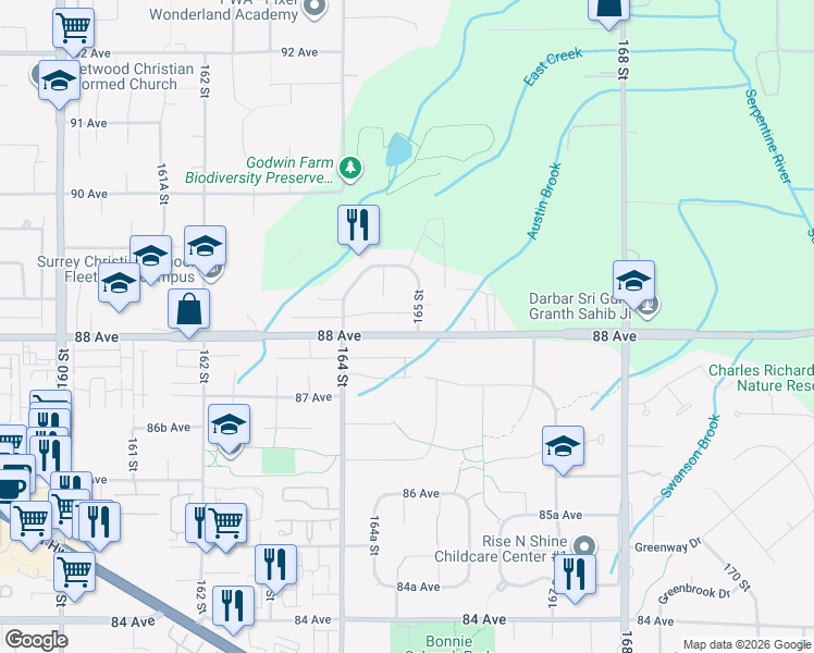 map of restaurants, bars, coffee shops, grocery stores, and more near 8735 165 Street in Surrey