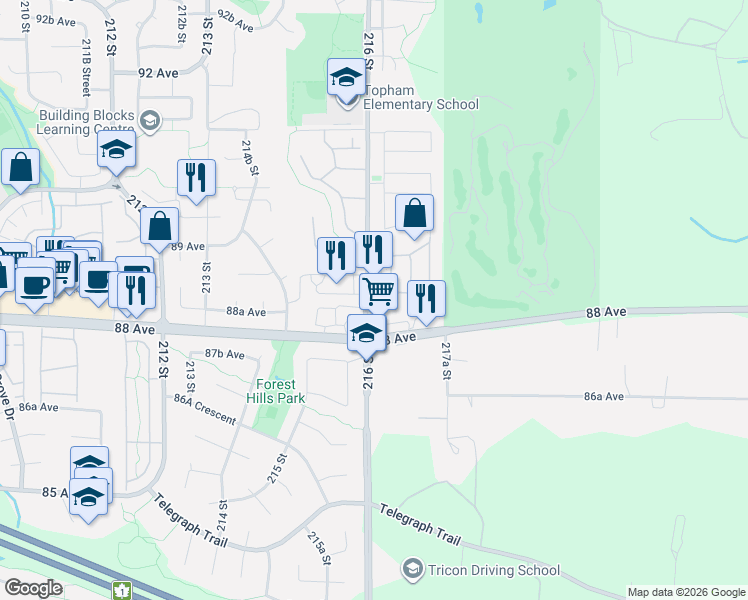 map of restaurants, bars, coffee shops, grocery stores, and more near 8838 216 Street in Langley City