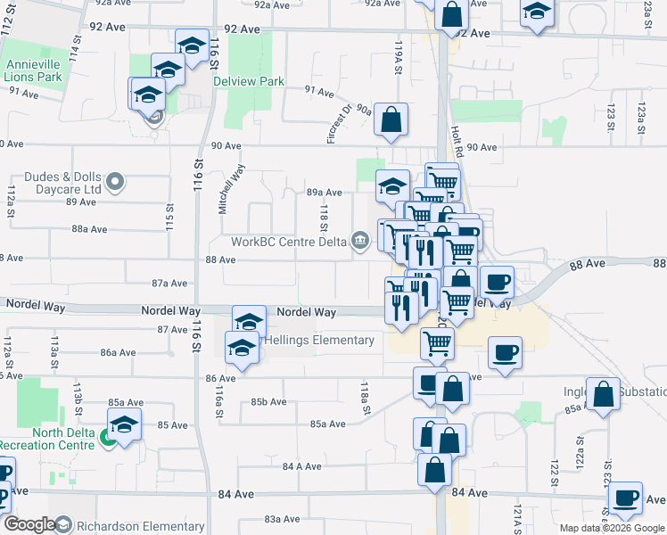 map of restaurants, bars, coffee shops, grocery stores, and more near 11806 88 Avenue in Delta